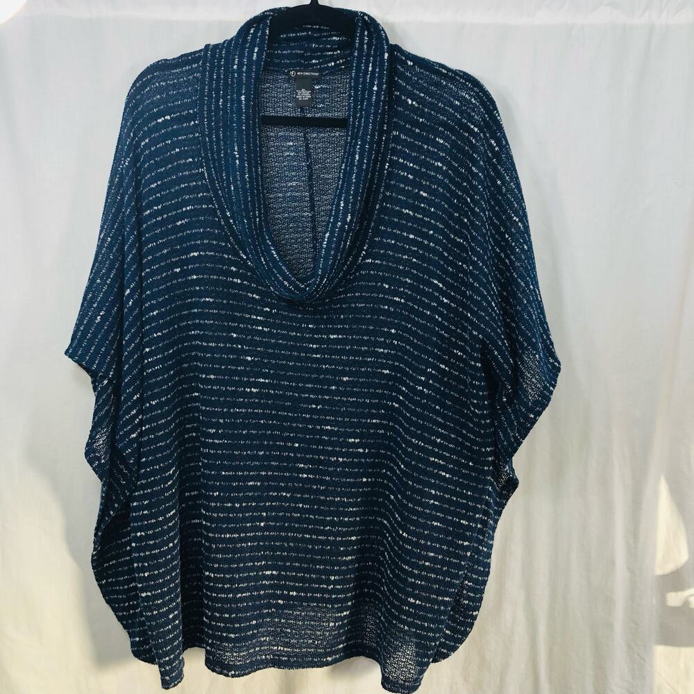 New Directions Women's Poncho Sweater Striped Cowl Neck Open Knit Blue Size XL